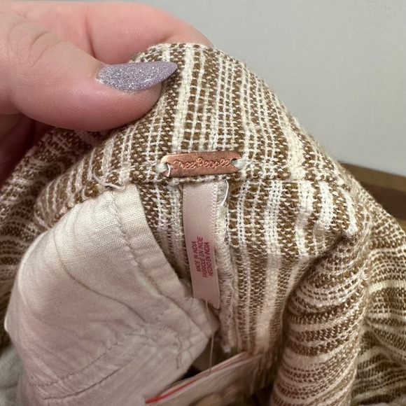 Free People Pants 2 Tan White Striped Cotton Loose Relaxed Gauzy‎ Pull On NWT - Picture 6 of 10